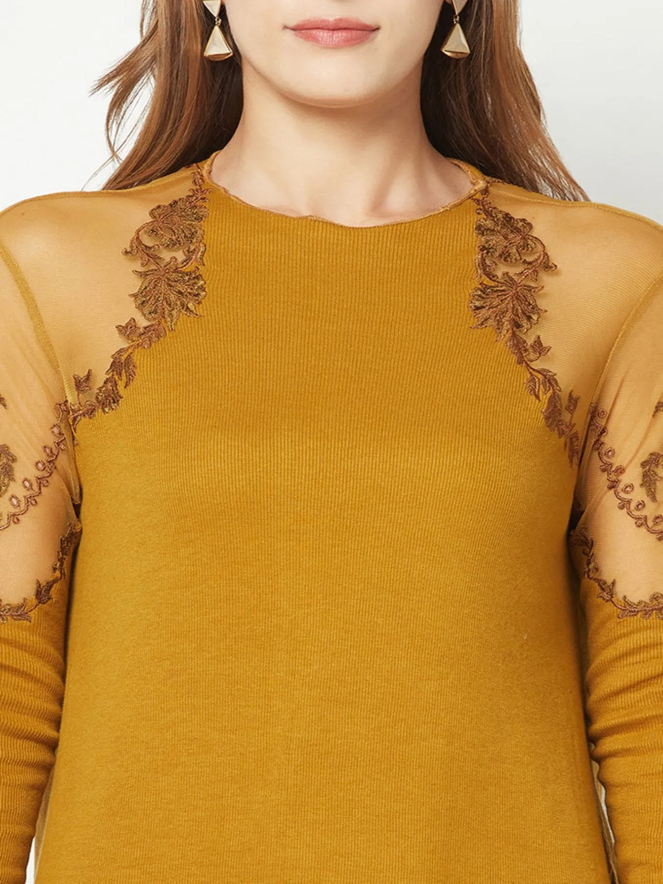 Power Mesh Ivory Embroidered Top