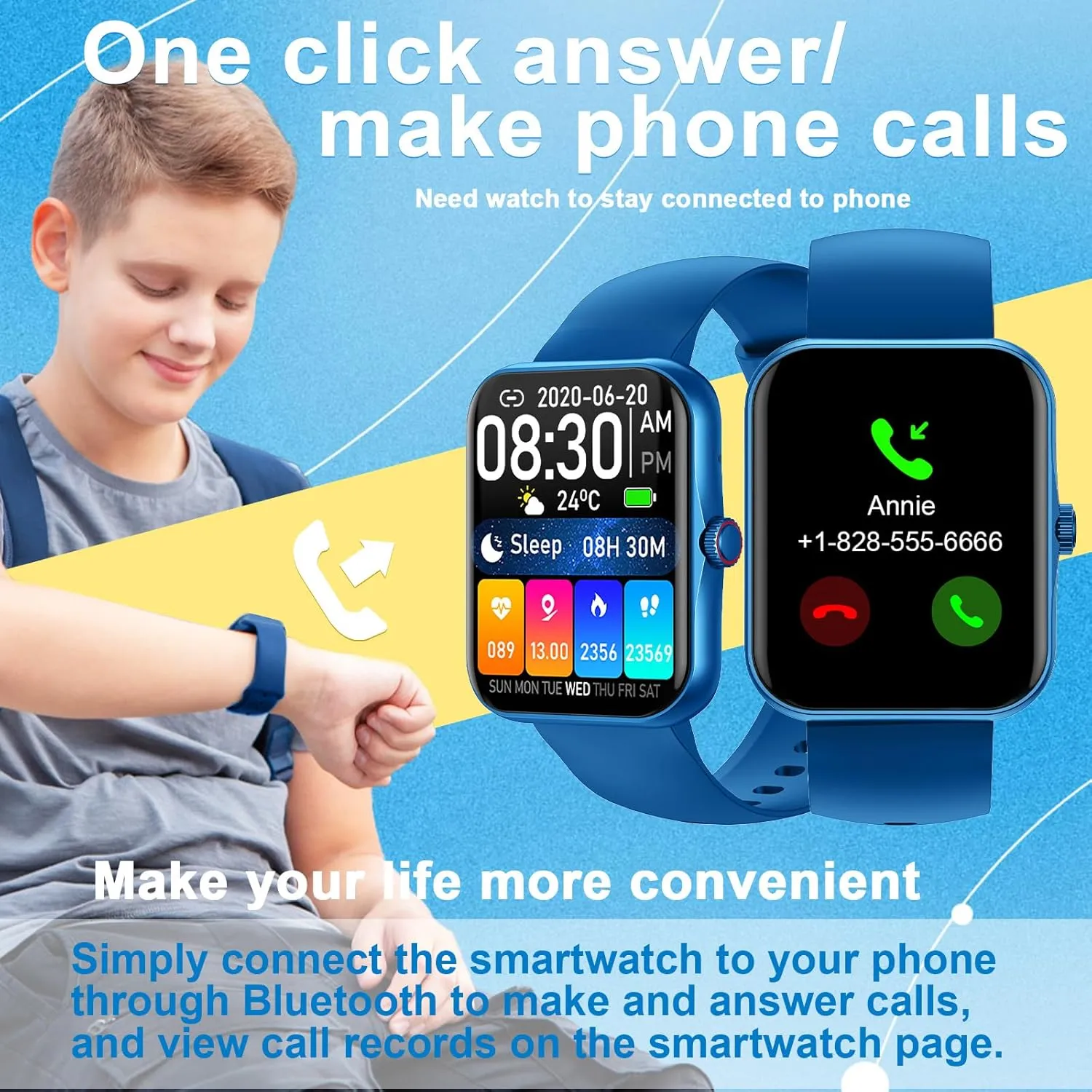 PTHTECHUS Smart Watch for Kids, 1.83" Fitness Tracker Smartwatch for Young with Heart Rate/Sleep Monitor 37 Sports Modes Calorie Step Counter Phone Calls Siri Notifications for Andriod iPhone (Blue)