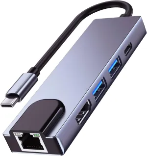QCEs USB C Hub Multiport Adapter, 5-in-1 USB C to Ethernet HDMI Hub with HDMI Ethernet Port, USB3.0/2.0 Port, PD Charging Compatible with MacBook Pro/Air, iPad Pro, iPhone 16/15, iMac, XPS