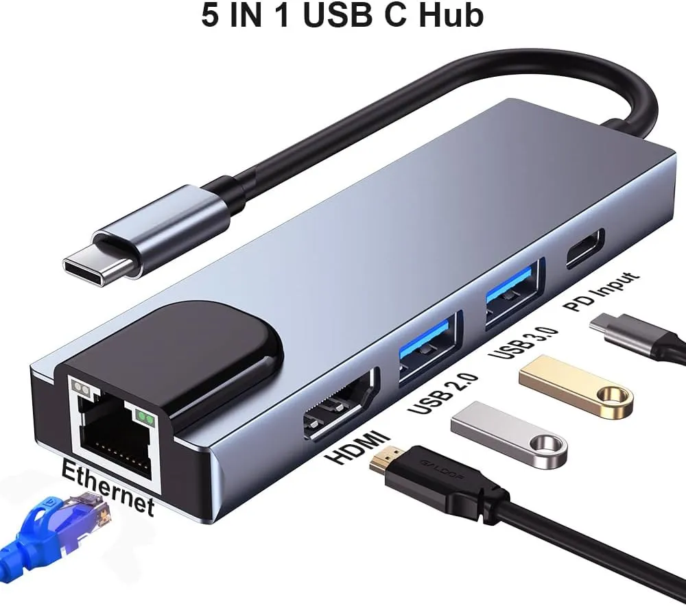 QCEs USB C Hub Multiport Adapter, 5-in-1 USB C to Ethernet HDMI Hub with HDMI Ethernet Port, USB3.0/2.0 Port, PD Charging Compatible with MacBook Pro/Air, iPad Pro, iPhone 16/15, iMac, XPS