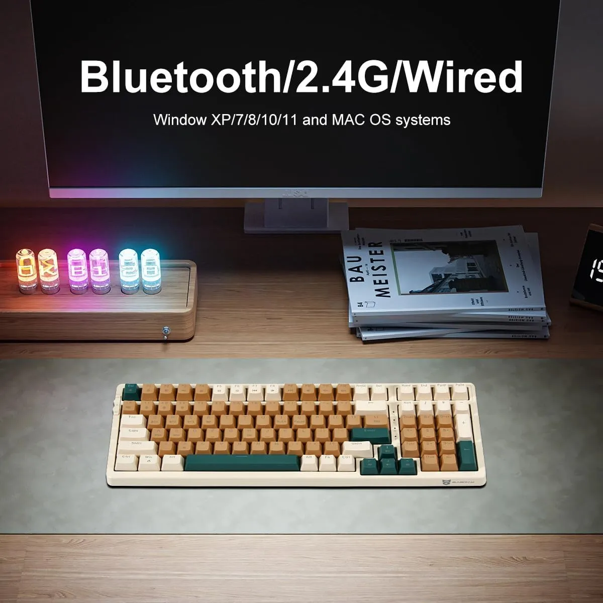 Qisan Wireless/Wired Mechanical Keyboard, Triple Mode 2.4G/USB-C/BT Wireless Gaming Keyboard, 100 Keys (98%) US Layout Red Switch Rechargeable RGB Backlit Keyboard | Brown Combo
