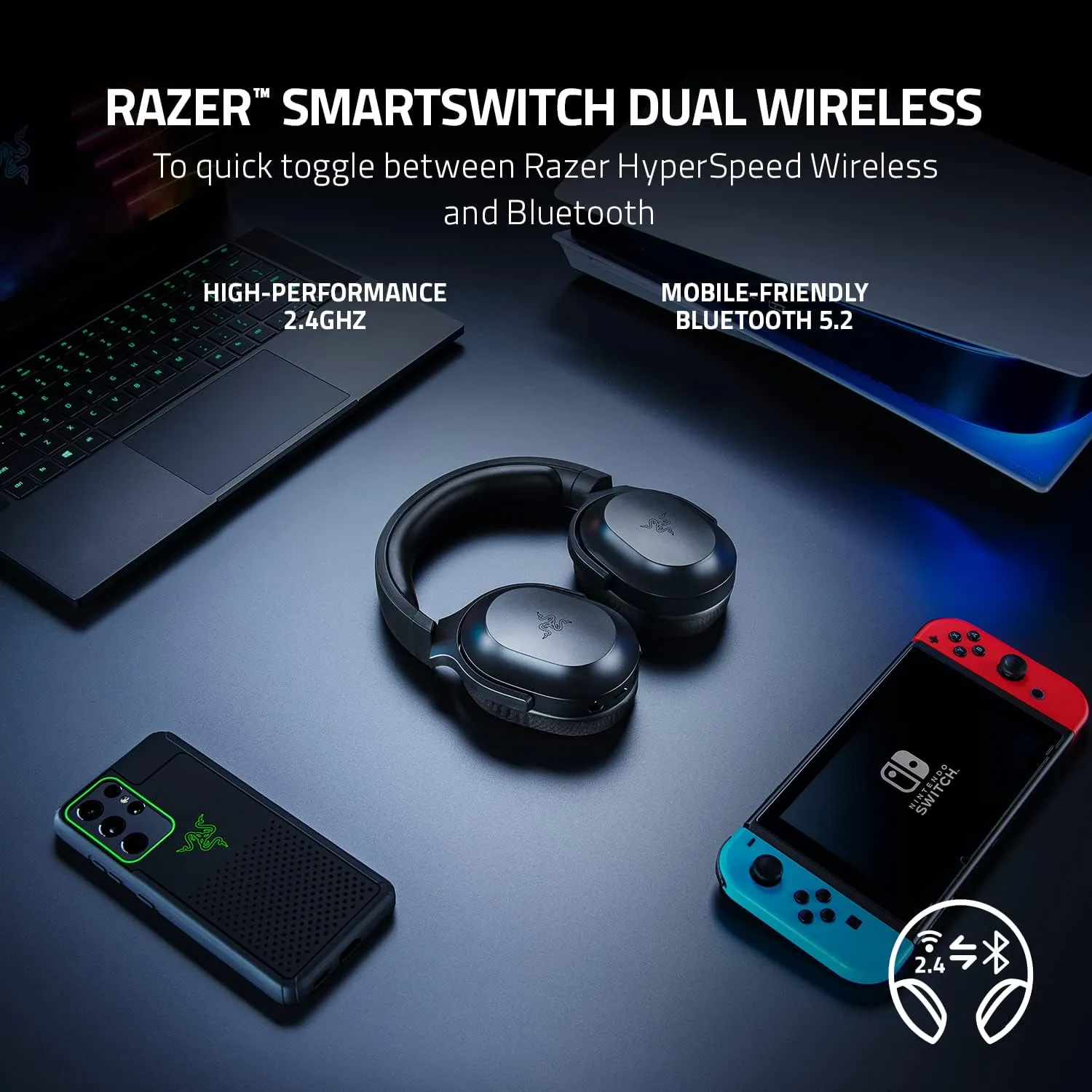Razer Barracuda X Wireless Gaming & Mobile Headset (PC, PlayStation, Switch, Android, iOS): 2.4GHz Wireless   Bluetooth - Lightweight - 40mm Drivers - Detachable Mic - 50 Hr Battery - Black