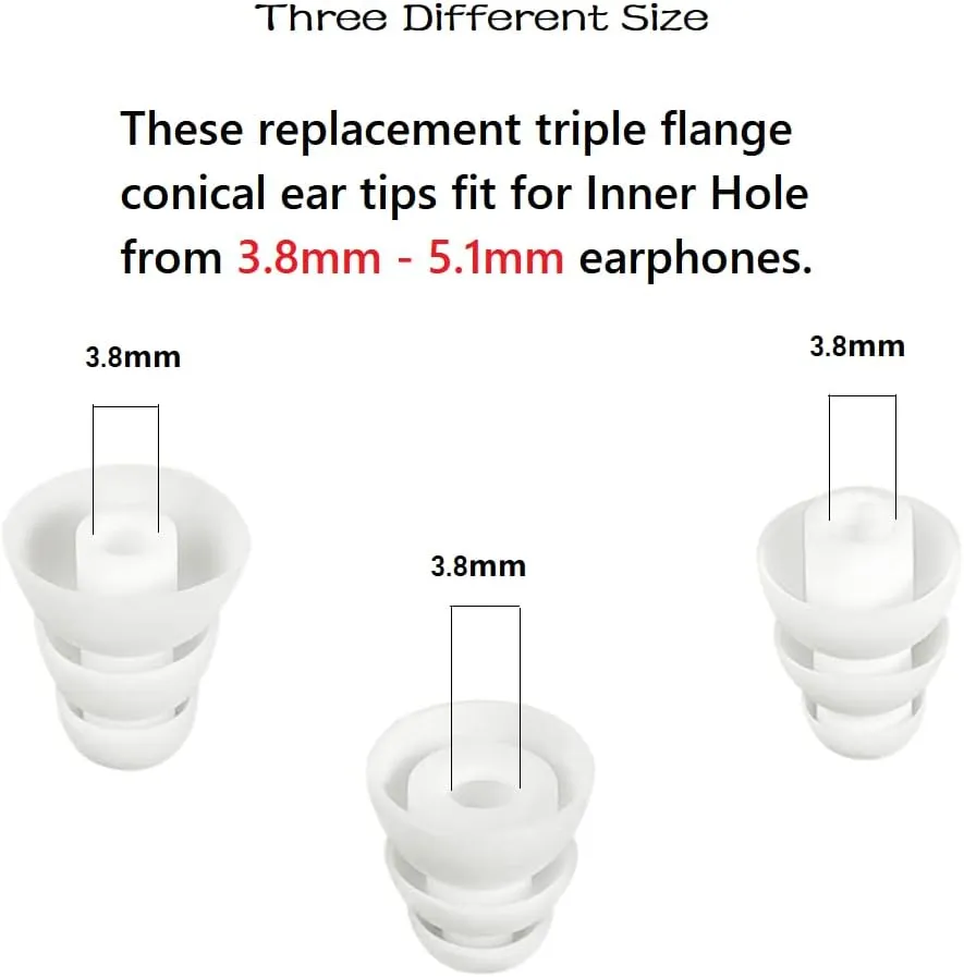 Replacement Silicone Triple Flange Earbud Tips 9 Pairs Conical Ear Tips Compatible with Sony Senso BeatsX Otium &Other Inner Hole 4mm -5.1mm Earbud in-Ear Headphones.