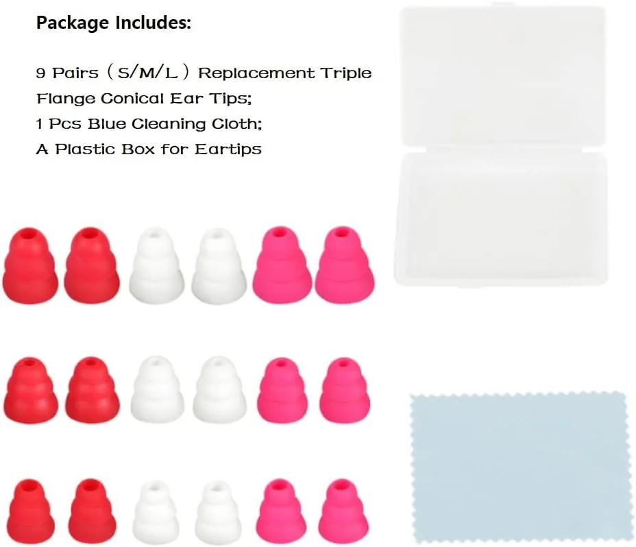 Replacement Silicone Triple Flange Earbud Tips 9 Pairs Conical Ear Tips Compatible with Sony Senso BeatsX Otium &Other Inner Hole 4mm -5.1mm Earbud in-Ear Headphones.