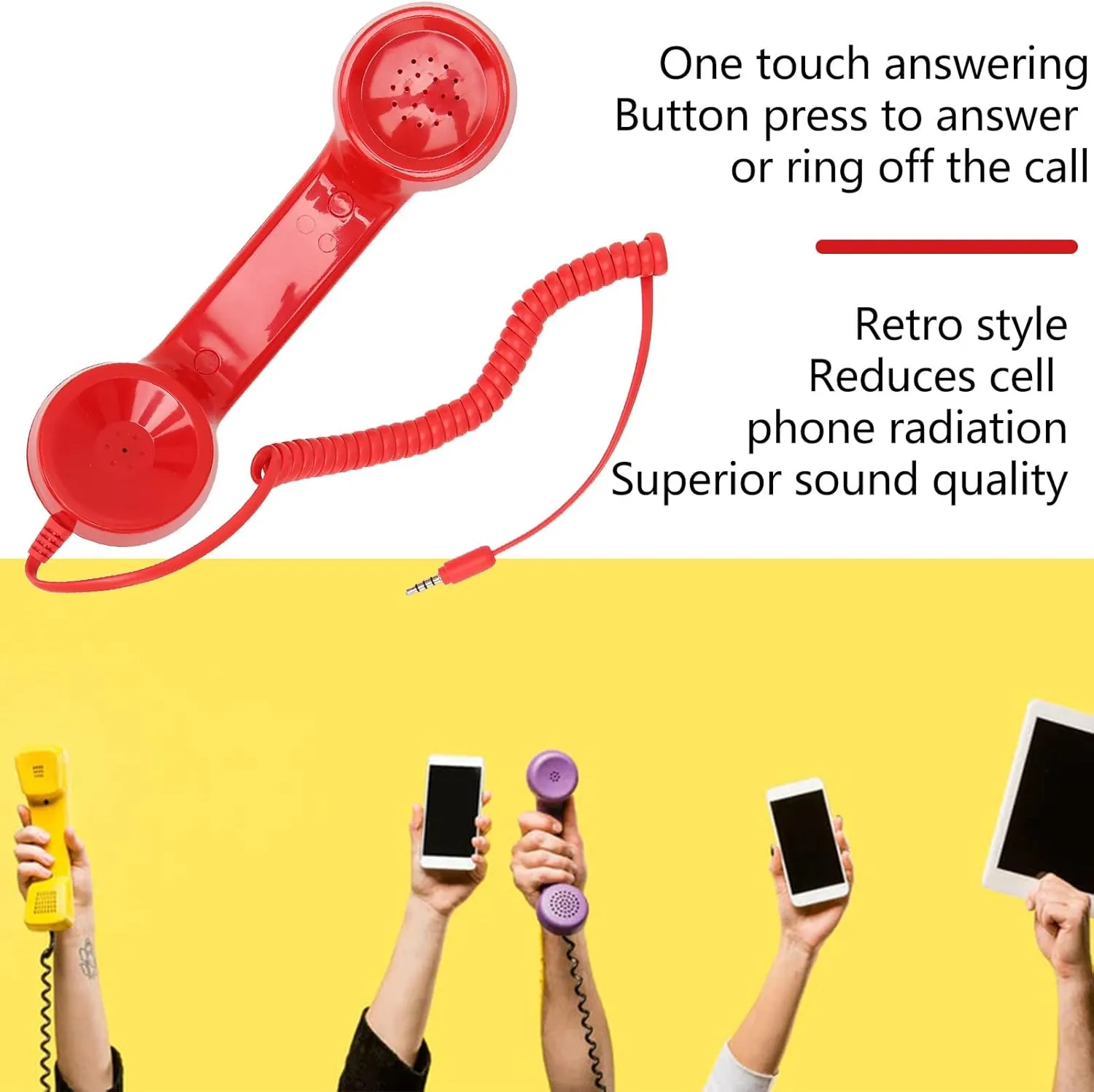 Retro Telephone Handset, Cell Phone Handset with Raniation Proof, 3.5mm Sound Plug, Handheld Cell Phone Receiver for Mobile Phone, Computer (Red)