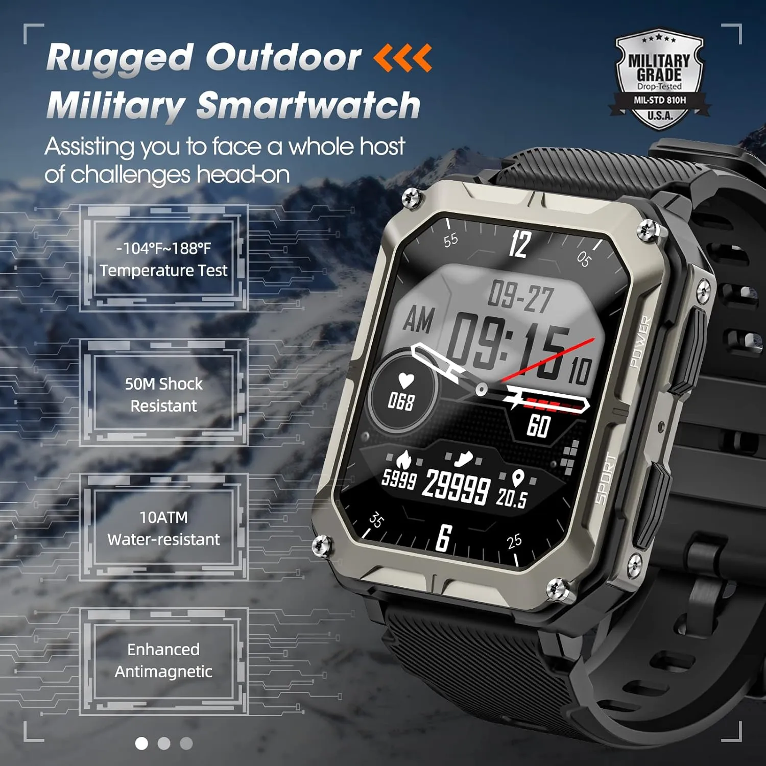 Rgthuhu Military Smart Watches for Men (Answer/Make Call), 100M Waterproof Rugged Smart Watch for Android Phones and iPhone, 1.9" Outdoor Sports Fitness Tracker with Heart Rate, Sleep Monitor, Black
