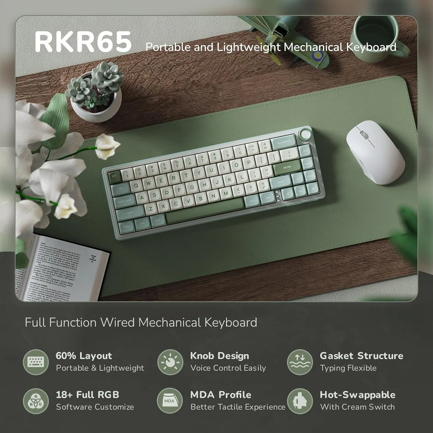 RK ROYAL KLUDGE R65 Wired Mechanical Keyboard, 60% Percent Creamy Gaming Keyboard Gasket Mount RGB Backlit with Programmable Knob, MDA Profile PBT Keycaps, QMK/VIA, Hot Swappable Linear Switch, Cyan
