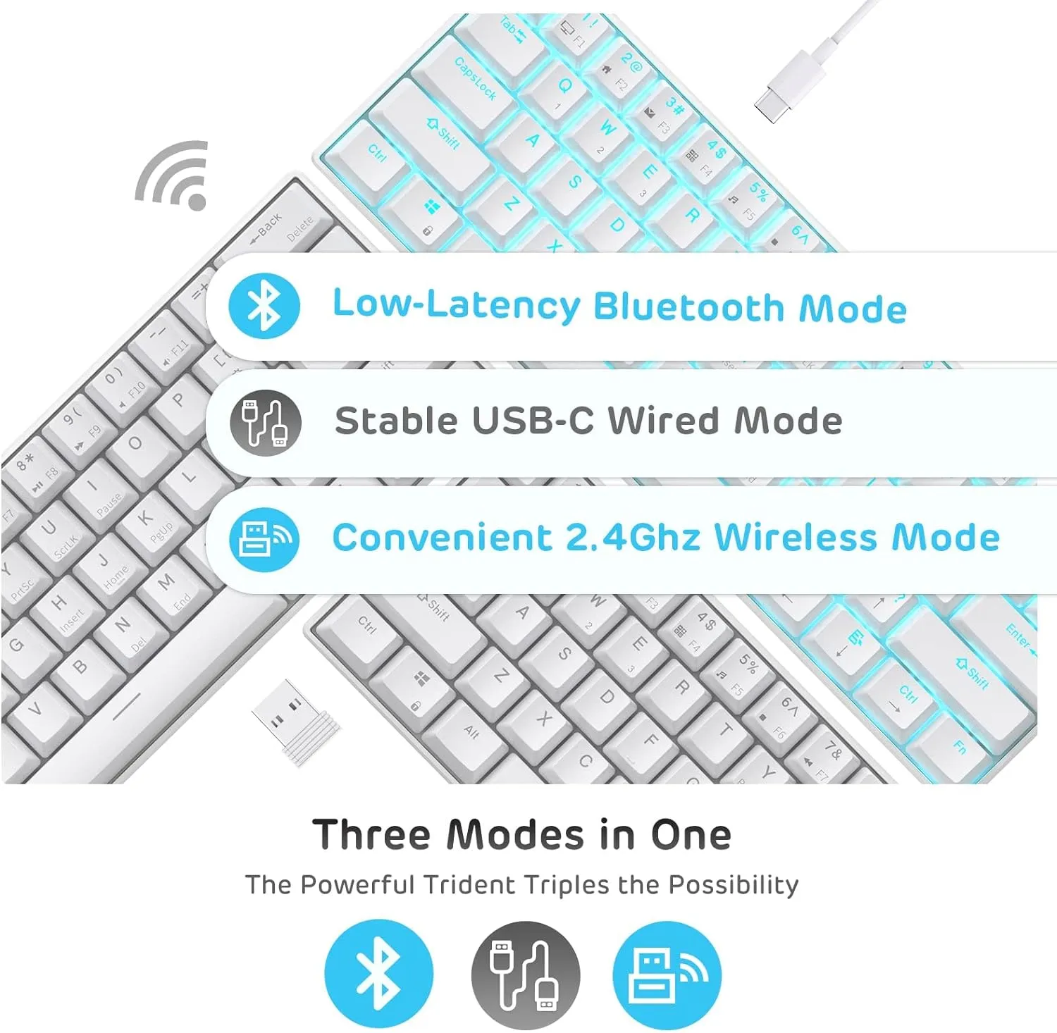 RK Royal KLUDGE RK61 Wireless 60% Triple Mode BT5.0/2.4G/USB-C Mechanical Keyboard, 61 Keys Wireless Mechanical Keyboard, Compact Gaming Keyboard w/Software (Hot Swappable Brown Switch, White)