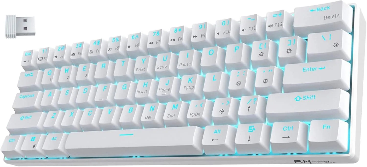 RK Royal KLUDGE RK61 Wireless 60% Triple Mode BT5.0/2.4G/USB-C Mechanical Keyboard, 61 Keys Wireless Mechanical Keyboard, Compact Gaming Keyboard w/Software (Hot Swappable Brown Switch, White)