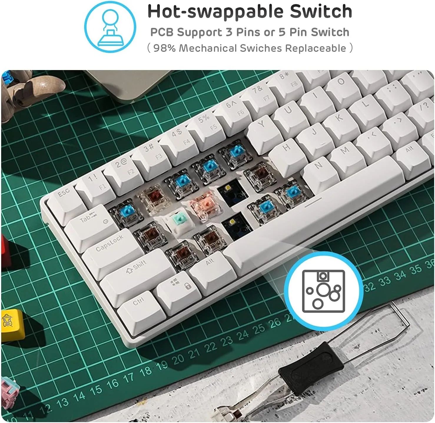 RK Royal KLUDGE RK61 Wireless 60% Triple Mode BT5.0/2.4G/USB-C Mechanical Keyboard, 61 Keys Wireless Mechanical Keyboard, Compact Gaming Keyboard w/Software (Hot Swappable Brown Switch, White)