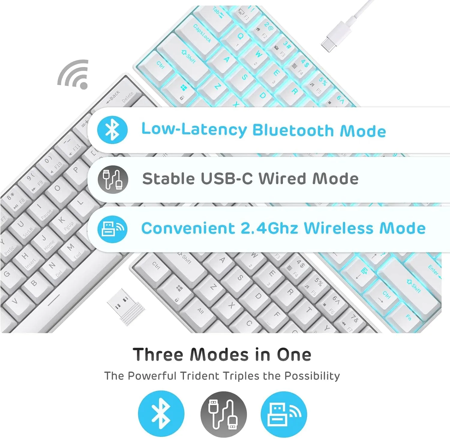 RK Royal KLUDGE RK61 Wireless 60% Triple Mode BT5.0/2.4G/USB-C Mechanical Keyboard, 61 Keys Wireless Mechanical Keyboard, Compact Gaming Keyboard w/Software (Hot Swappable Brown Switch, White)