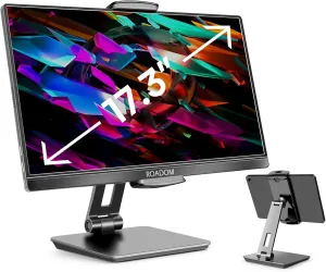 ROADOM Tablet Stand, Adjustable 360 Swivel Bracket, 180 Tiltable Clamp,Foldable Tablet Holder for 4.7-17.3'' iPhone/iPad/Tablet/Portable Monitor, Aluminum Alloy, Black
