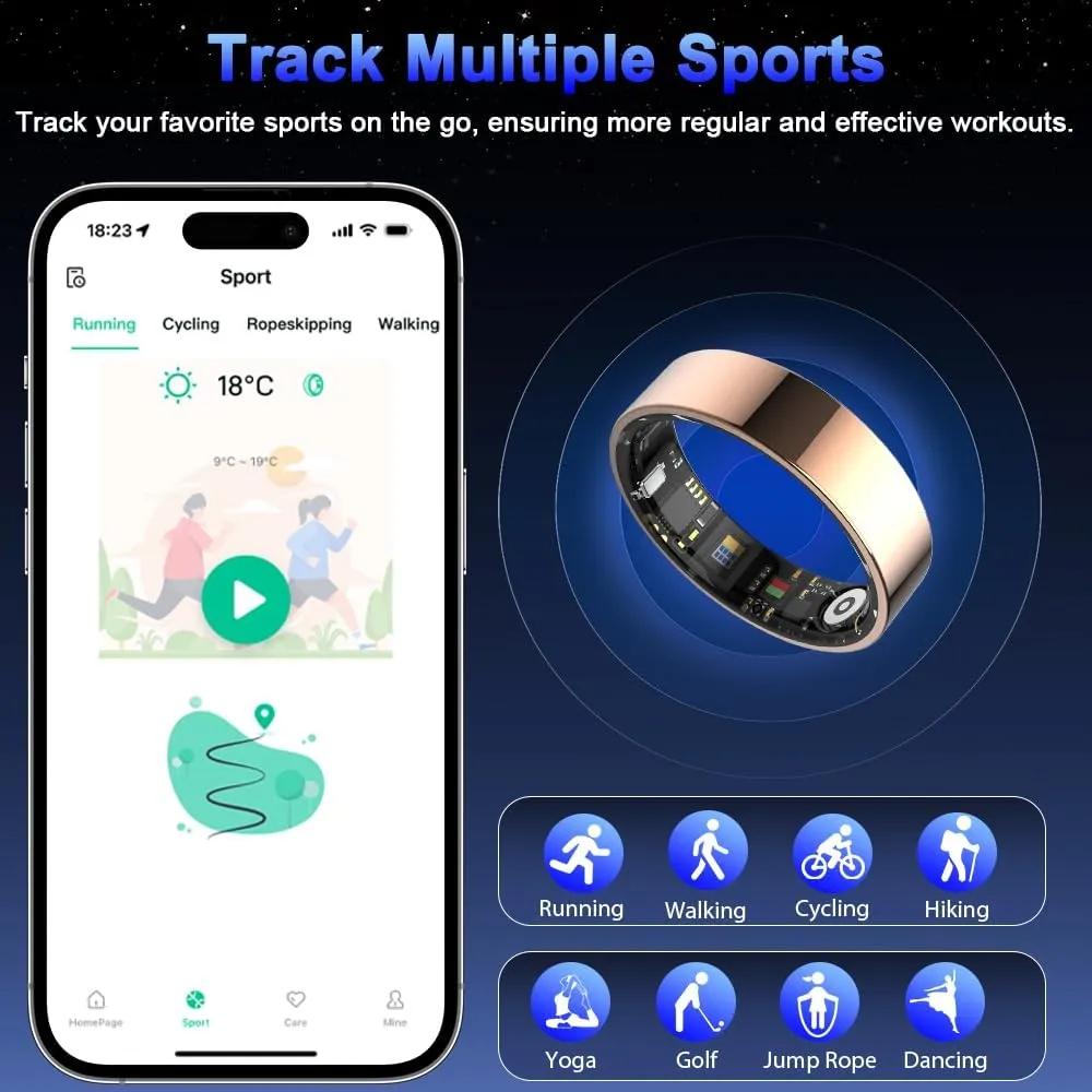 Rose Gold 7# Smart Ring Health Tracker, Bluetooth Connection Health Ring for Women Men, IP68 Waterproof Fitness Ring with Gesture Control, Tracks Heart Rate/Blood Pressure/SpO2/Sleep/Steps