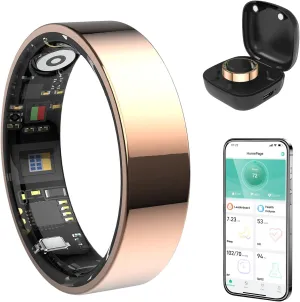 Rose Gold 7# Smart Ring Health Tracker, Bluetooth Connection Health Ring for Women Men, IP68 Waterproof Fitness Ring with Gesture Control, Tracks Heart Rate/Blood Pressure/SpO2/Sleep/Steps
