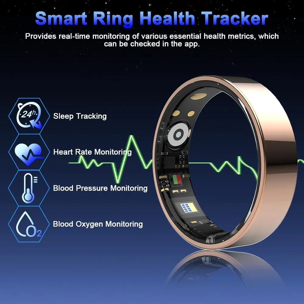 Rose Gold 7# Smart Ring Health Tracker, Bluetooth Connection Health Ring for Women Men, IP68 Waterproof Fitness Ring with Gesture Control, Tracks Heart Rate/Blood Pressure/SpO2/Sleep/Steps