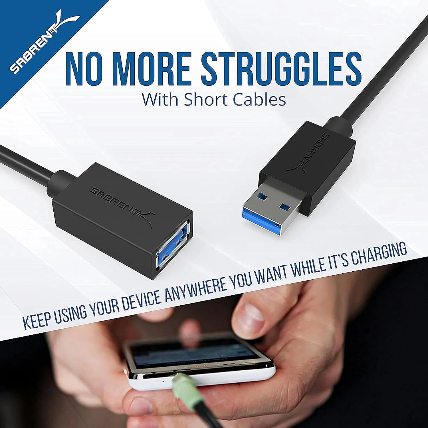 SABRENT 22AWG USB 3.0 Extension Cable - A-Male to A-Female [Black] 10 Feet (CB-3010)