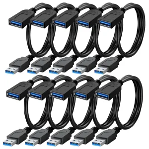 SaiTech IT 10 Pack Short Length 1 Feet USB 3.0 Extension Cable, USB 3.0 A Male to Female Extender Bulk USB Extension Cable