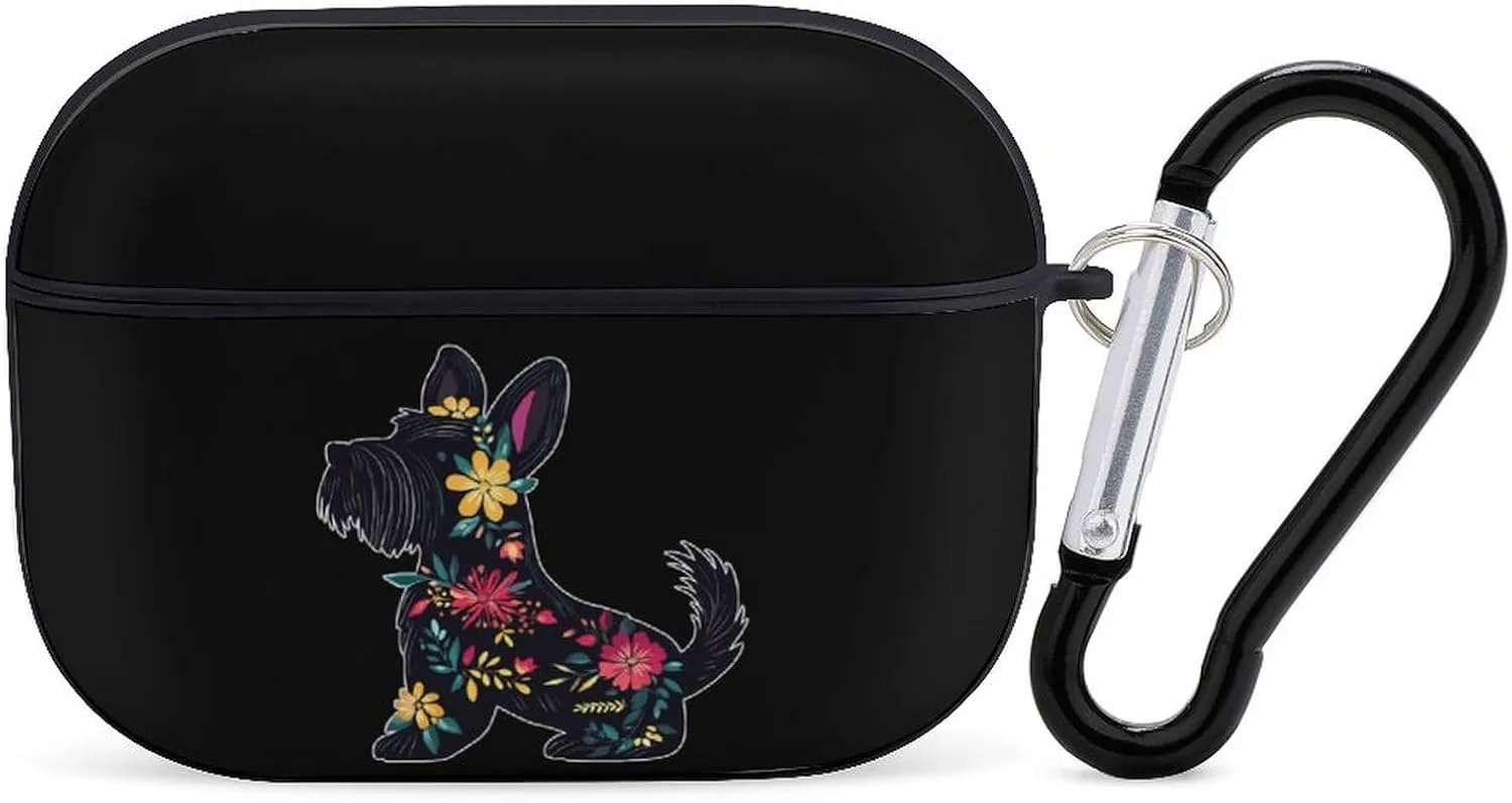 Scottish Terrier Floral Earbud Case Bluetooth Headphone Case Full Protective Case with Keychain Compatible with Airpods Pro Black-Style