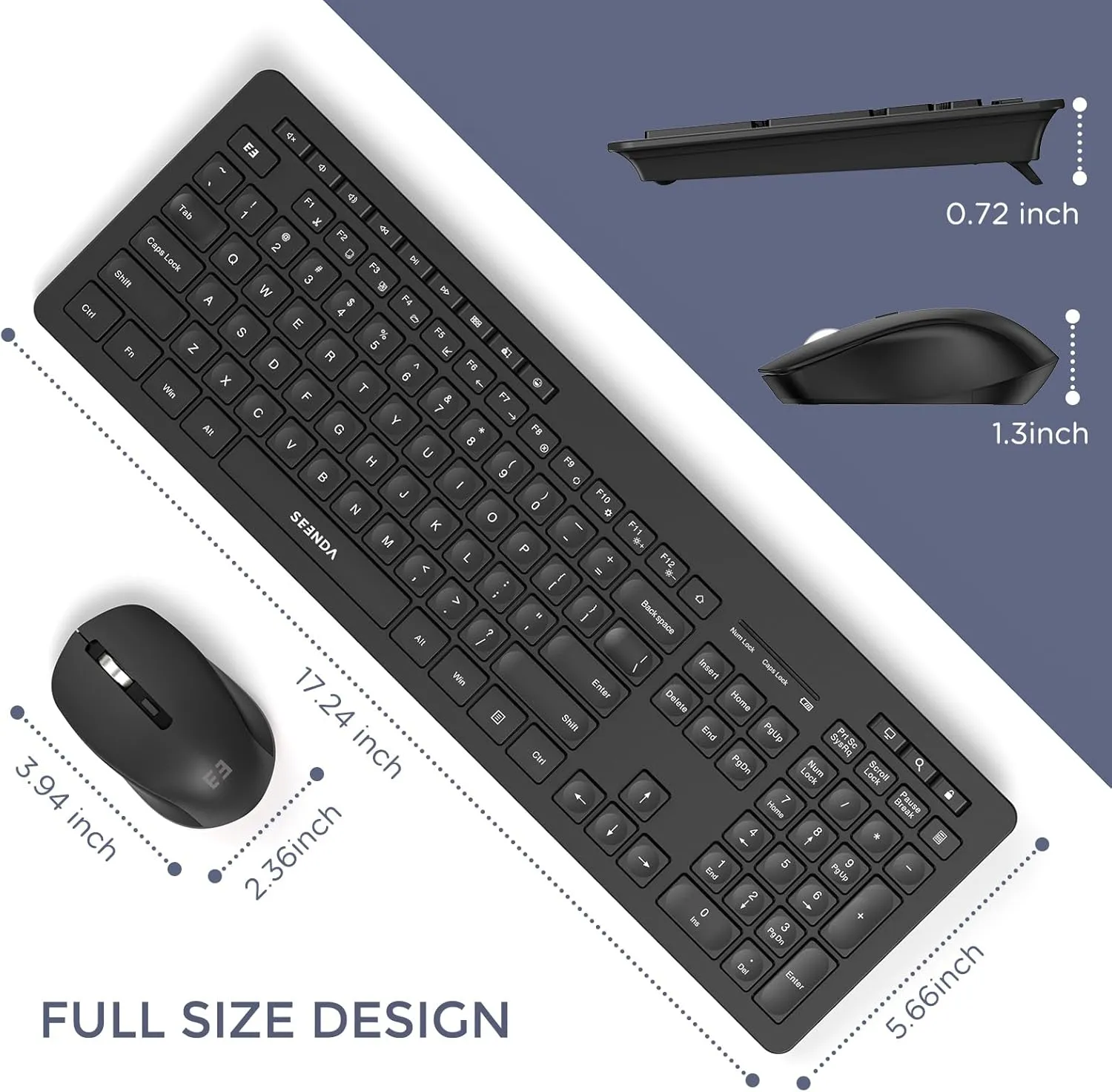 seenda Wireless Keyboard and Mouse Combo, 2.4GHz Cordless Quiet Keyboard Mouse with USB Receiver, Full Size Cute Black Combo, Compatible for Windows Laptop Computer Desktop PC, Black