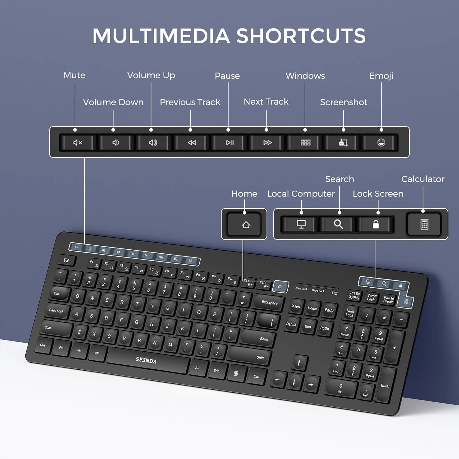 seenda Wireless Keyboard and Mouse Combo, 2.4GHz Cordless Quiet Keyboard Mouse with USB Receiver, Full Size Cute Black Combo, Compatible for Windows Laptop Computer Desktop PC, Black