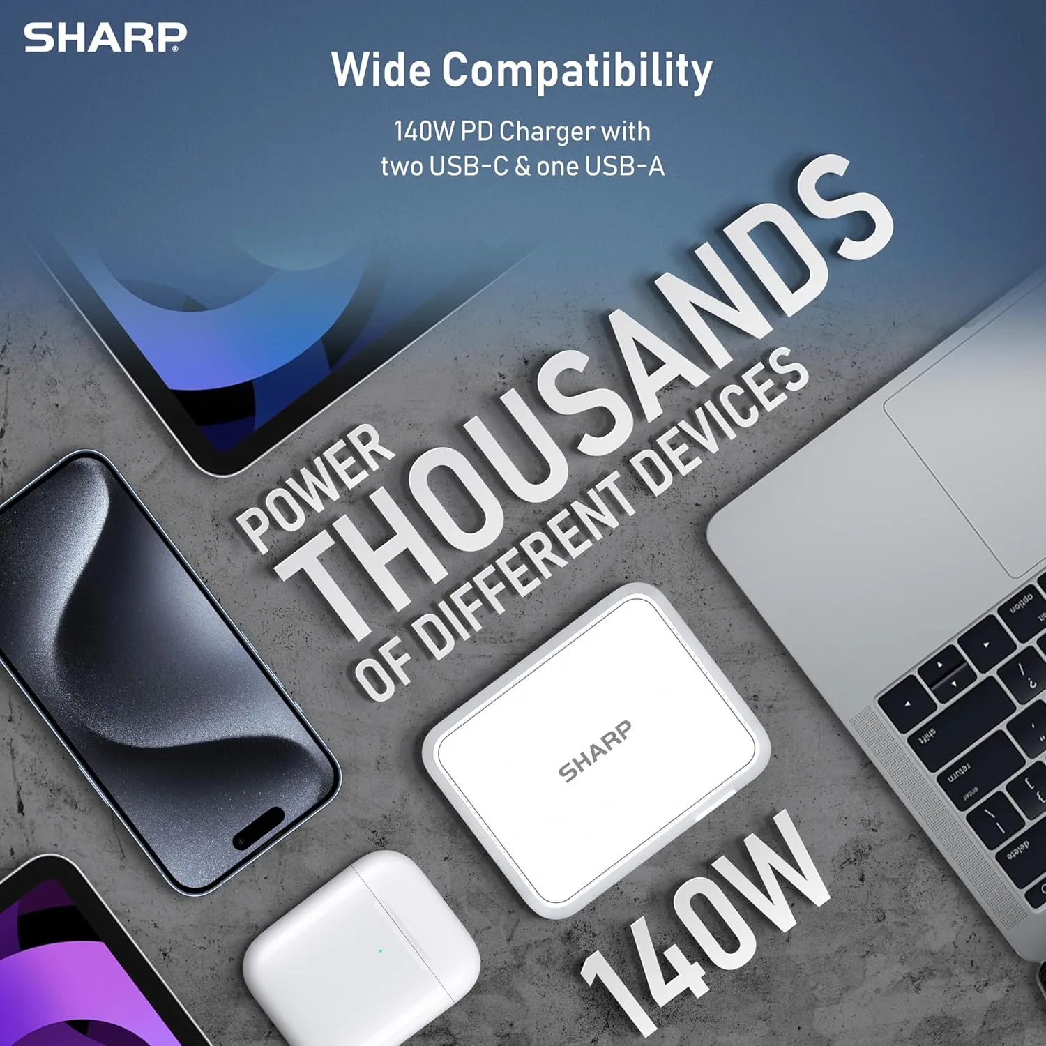 Sharp 140W USB C Charger, Compact Foldable GaN Fast Charge 3-Port (2 USB-C, 1 USB-A) Wall Charger for MacBook Pro/Air, iPad Pro, iPhone 15, Galaxy S22/S21, Dell XPS, White