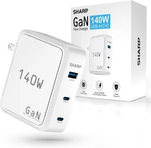 Sharp 140W USB C Charger, Compact Foldable GaN Fast Charge 3-Port (2 USB-C, 1 USB-A) Wall Charger for MacBook Pro/Air, iPad Pro, iPhone 15, Galaxy S22/S21, Dell XPS, White