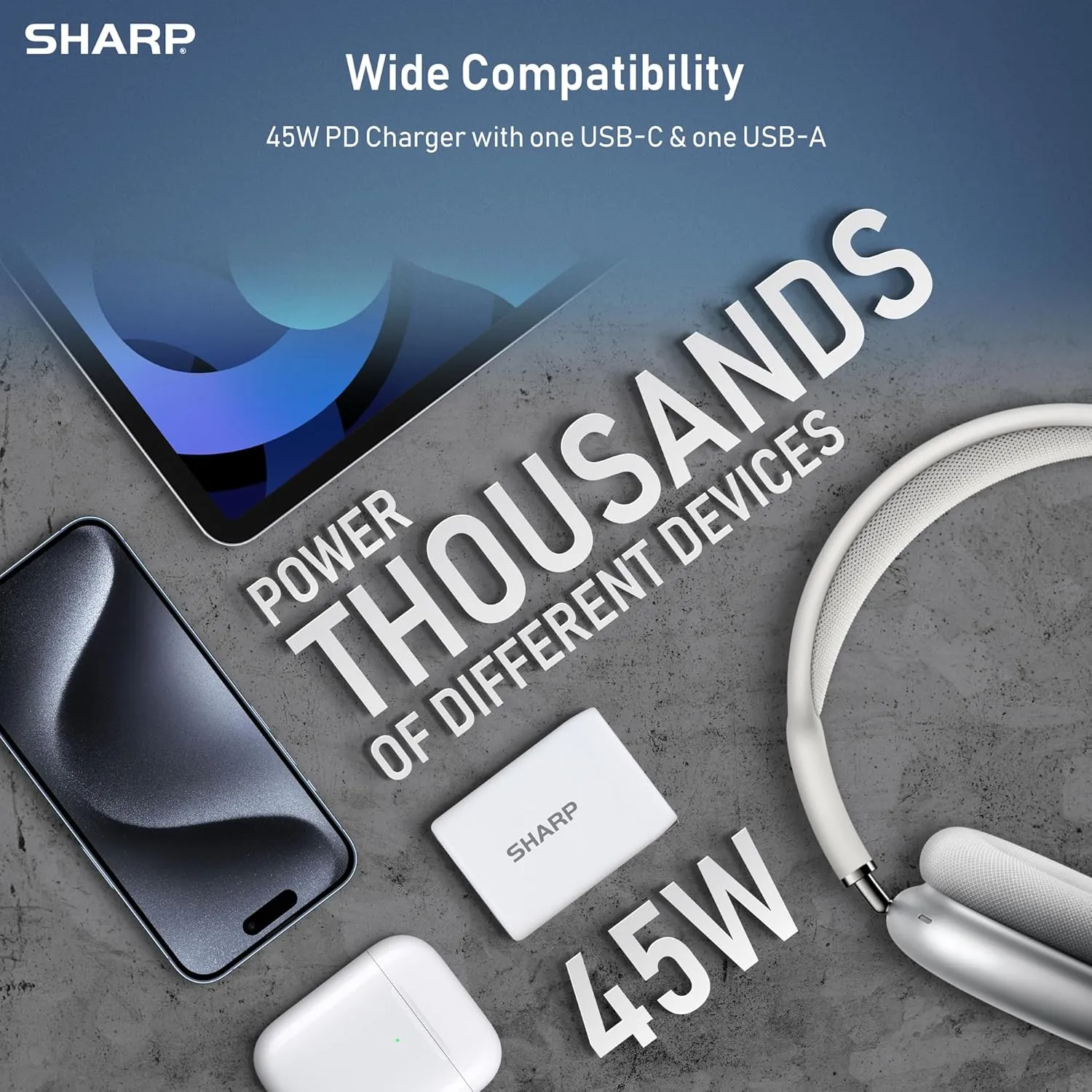 Sharp USB C Charger, 45W, 2 Port (USB A C) Compact Foldable GaN Fast Charge for iPhone 15/15 Plus/15 Pro/15 Pro Max/14, Galaxy, Pixel 4/3, iPad/iPad mini  White
