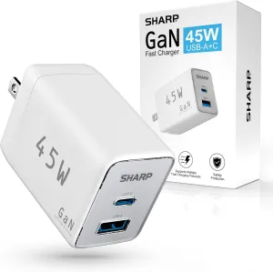 Sharp USB C Charger, 45W, 2 Port (USB A C) Compact Foldable GaN Fast Charge for iPhone 15/15 Plus/15 Pro/15 Pro Max/14, Galaxy, Pixel 4/3, iPad/iPad mini  White