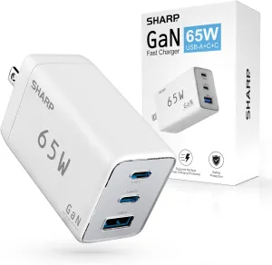 Sharp USB C Charger, 65W, 3 Port (USB 1A 2C), Compact Foldable GaN Fast Charge for MacBook Pro/Air, iPad Pro, Galaxy S23, Dell XPS 13, Note 20/10 , iPhone 15/Pro, and More - White, G651A2CU-BLK