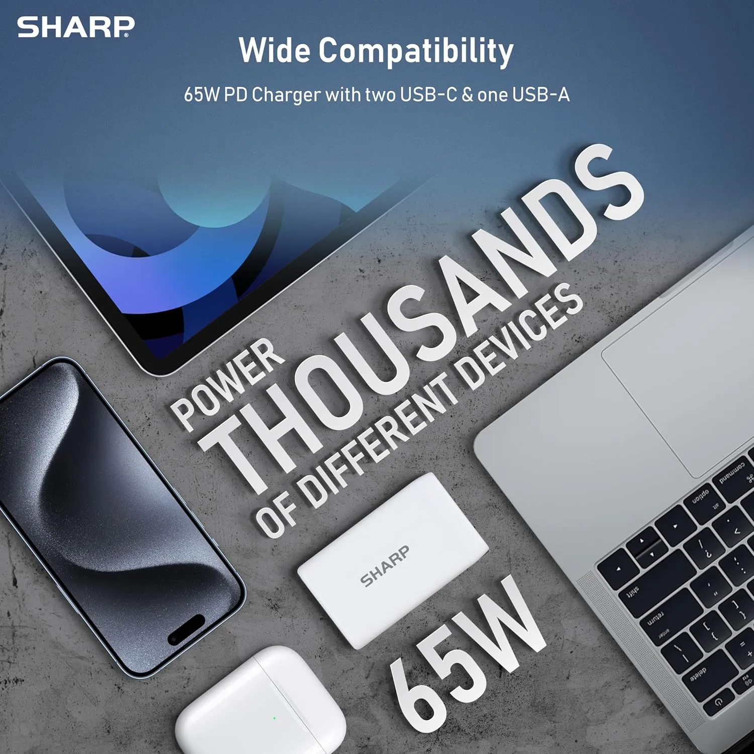 Sharp USB C Charger, 65W, 3 Port (USB 1A 2C), Compact Foldable GaN Fast Charge for MacBook Pro/Air, iPad Pro, Galaxy S23, Dell XPS 13, Note 20/10 , iPhone 15/Pro, and More - White, G651A2CU-BLK