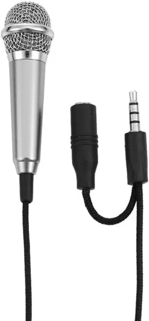 Silver Mini Singing Mic Equipment 3.5mm Mini Condenser Microphone Phone Karaoke Mic with Stand Singing Handheld Microphone for Mobile Phone Laptop Notebook Handheld, Wireless Microphones