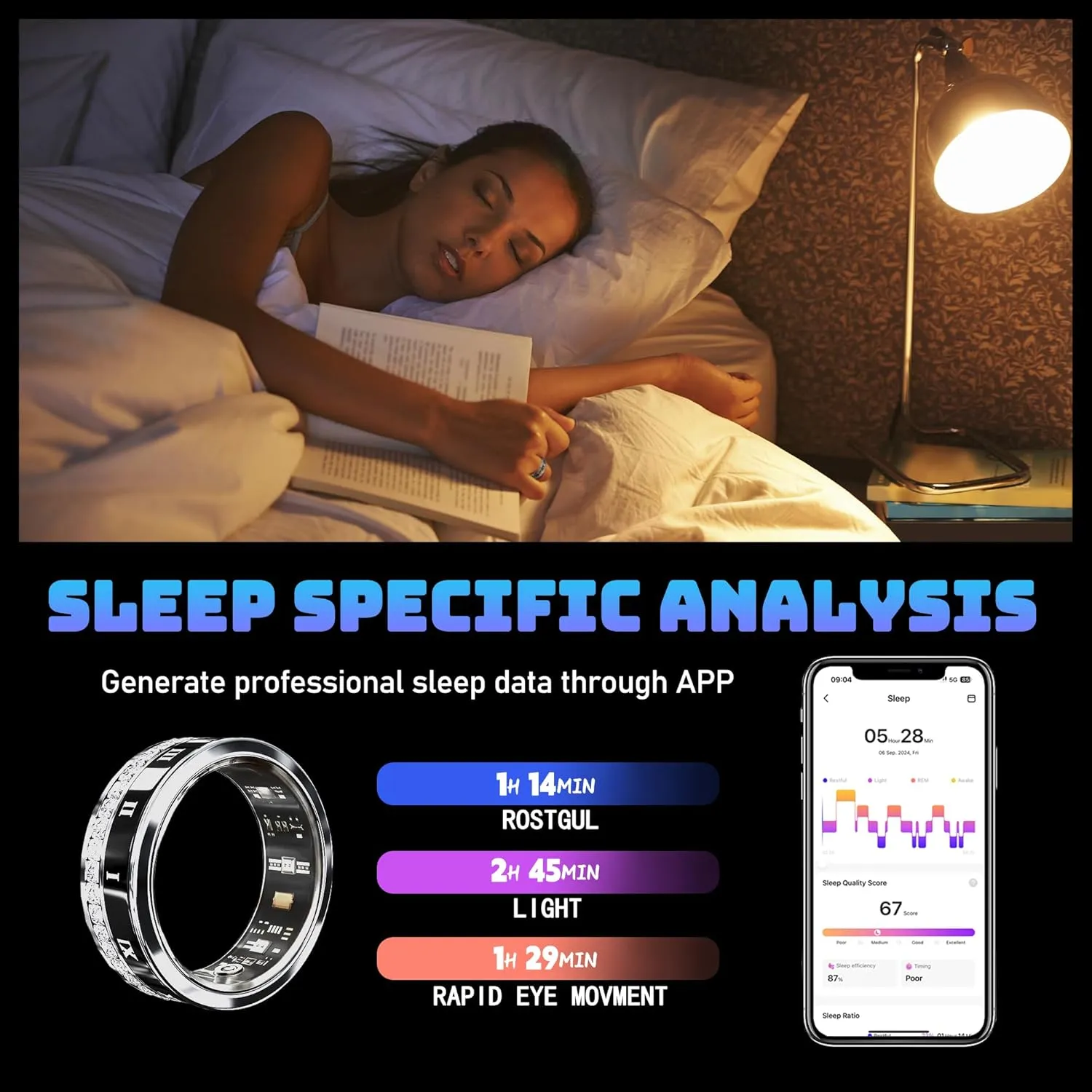 Smart Ring Fitness Tracker Ring - Health Sleep Heart Rate Blood Oxygen Blood Pressure Tracker,Fashionable Diamond Style,IP68, Compatible with iOS,Android, Remote Photograph, Family Care(9#)