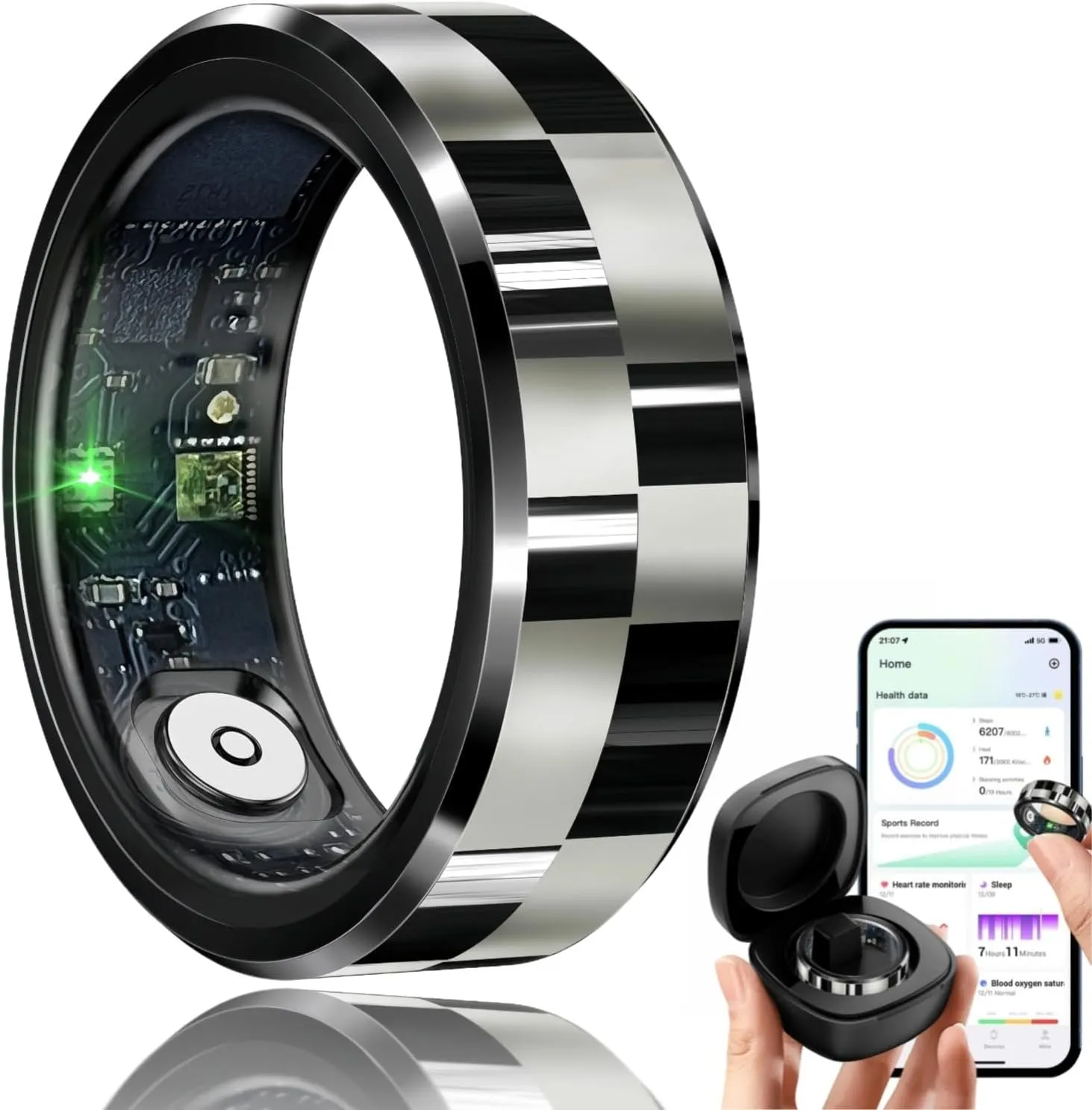 Smart Ring for Men Women, Sleep Tracking Wearable, Heart Rate, Fitness Tracker, Step Blood Oxygen Blood Pressure Tracker,Calorie Tracking, Shake to Take Photos (Black, #10)