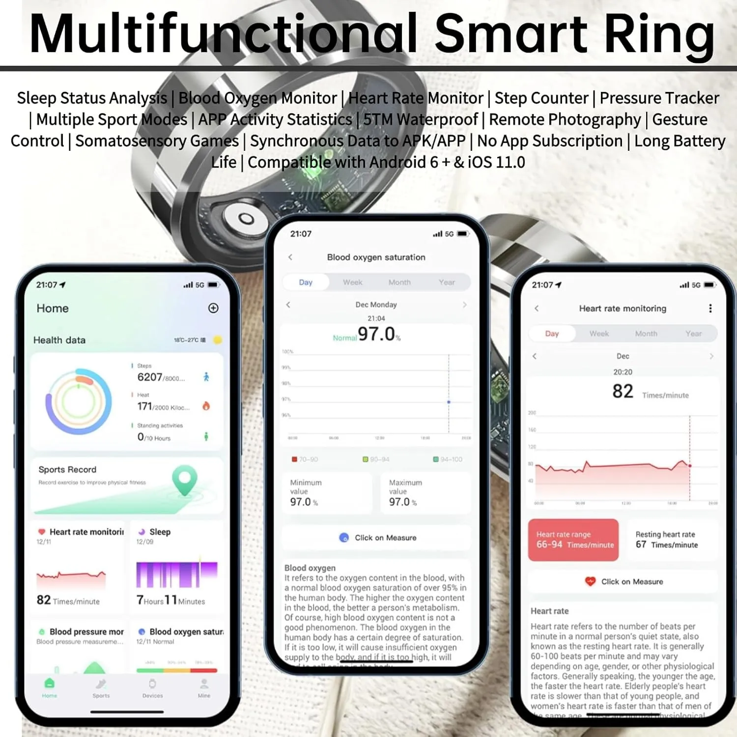 Smart Ring for Men Women, Sleep Tracking Wearable, Heart Rate, Fitness Tracker, Step Blood Oxygen Blood Pressure Tracker,Calorie Tracking, Shake to Take Photos (Black, #10)