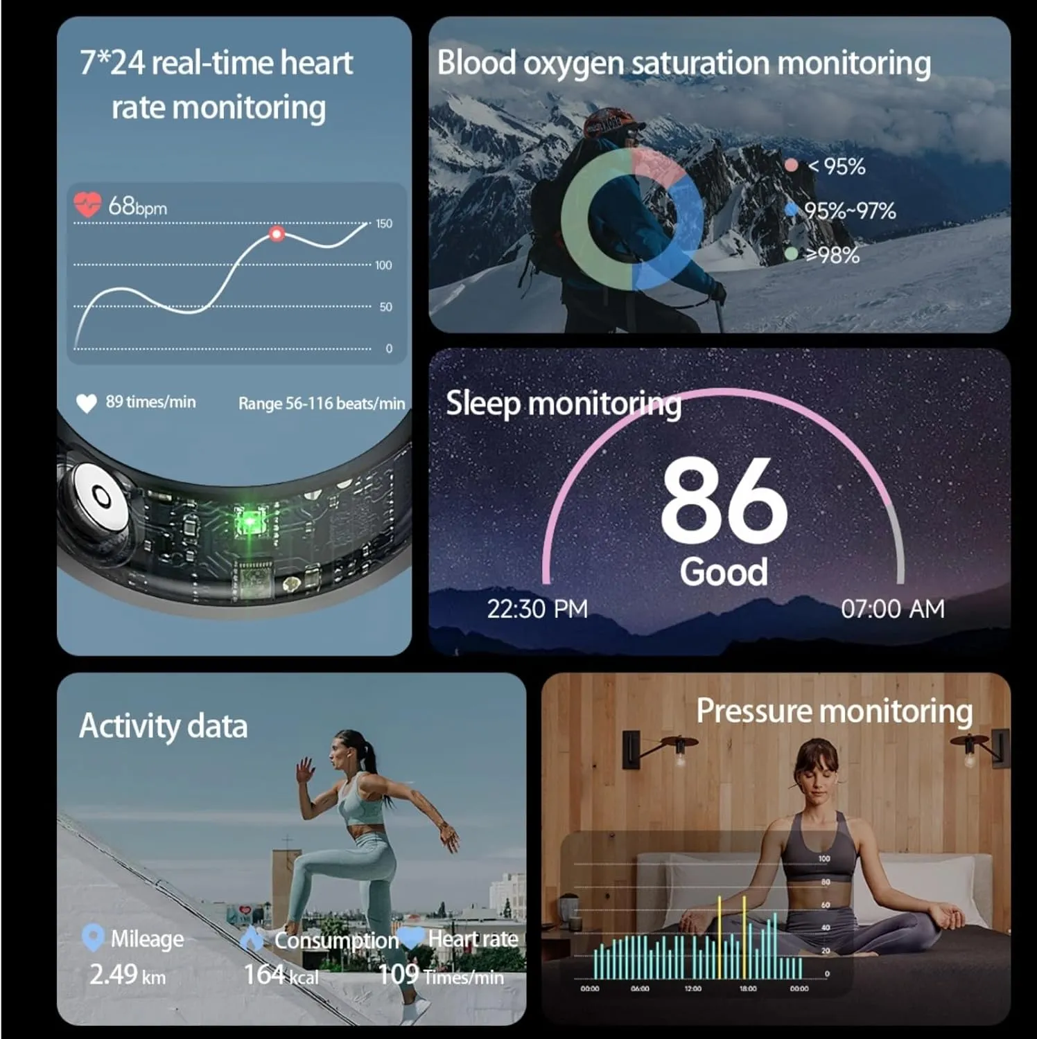 Smart Ring for Men Women, Sleep Tracking Wearable, Heart Rate, Fitness Tracker, Step Blood Oxygen Blood Pressure Tracker,Calorie Tracking, Shake to Take Photos (Black, #10)