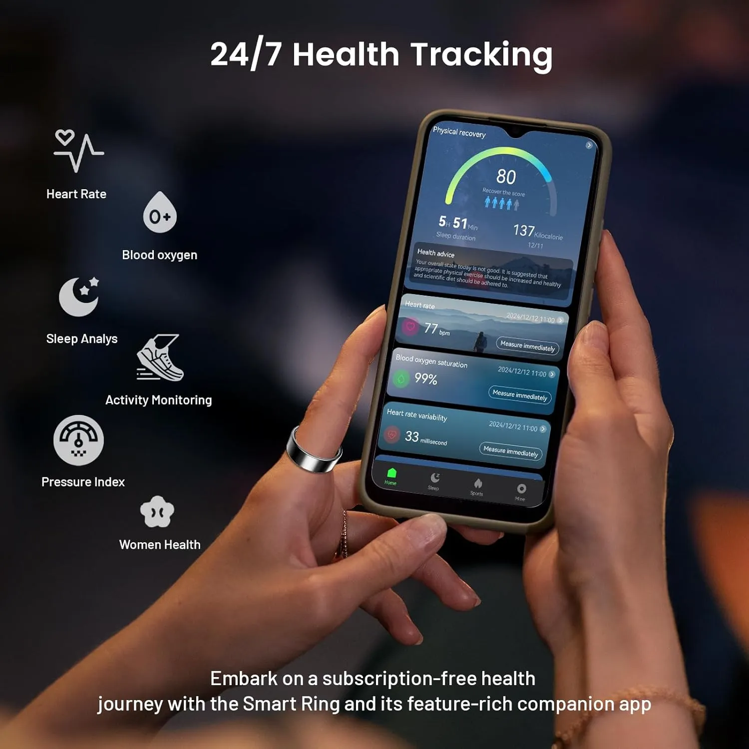 Smart Ring for Women & Men, Smart Ring Health Tracker, Blood Oxygen & Heart Rate Monitor Sleep Ring, Waterproof Fitness Ring, Long Lasting Battery Smart Rings (Silver, 7#)
