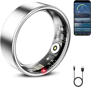 Smart Ring for Women & Men, Smart Ring Health Tracker, Blood Oxygen & Heart Rate Monitor Sleep Ring, Waterproof Fitness Ring, Long Lasting Battery Smart Rings (Silver, 9#)