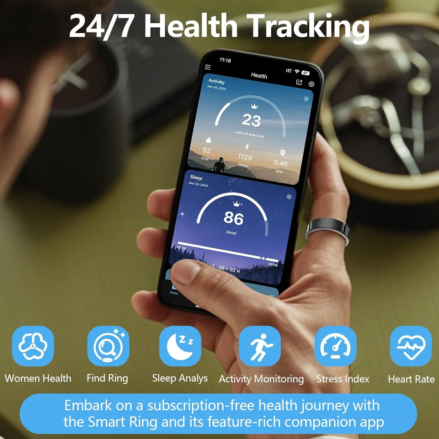 Smart Ring for Women & Men, Smart Ring Health Tracker with Gesture Control, Blood Oxygen & Heart Rate Monitor, Long Lasting Battery Sleep Ring, Waterproof Fitness Ring (Silver, 8#)
