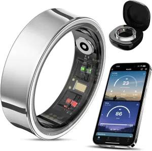 Smart Ring for Women & Men, Smart Ring Health Tracker with Gesture Control, Blood Oxygen & Heart Rate Monitor, Long Lasting Battery Sleep Ring, Waterproof Fitness Ring (Silver, 8#)