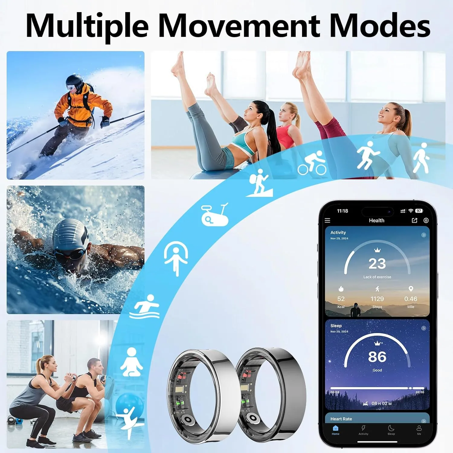 Smart Ring for Women & Men, Smart Ring Health Tracker with Gesture Control, Blood Oxygen & Heart Rate Monitor, Long Lasting Battery Sleep Ring, Waterproof Fitness Ring (Silver, 8#)