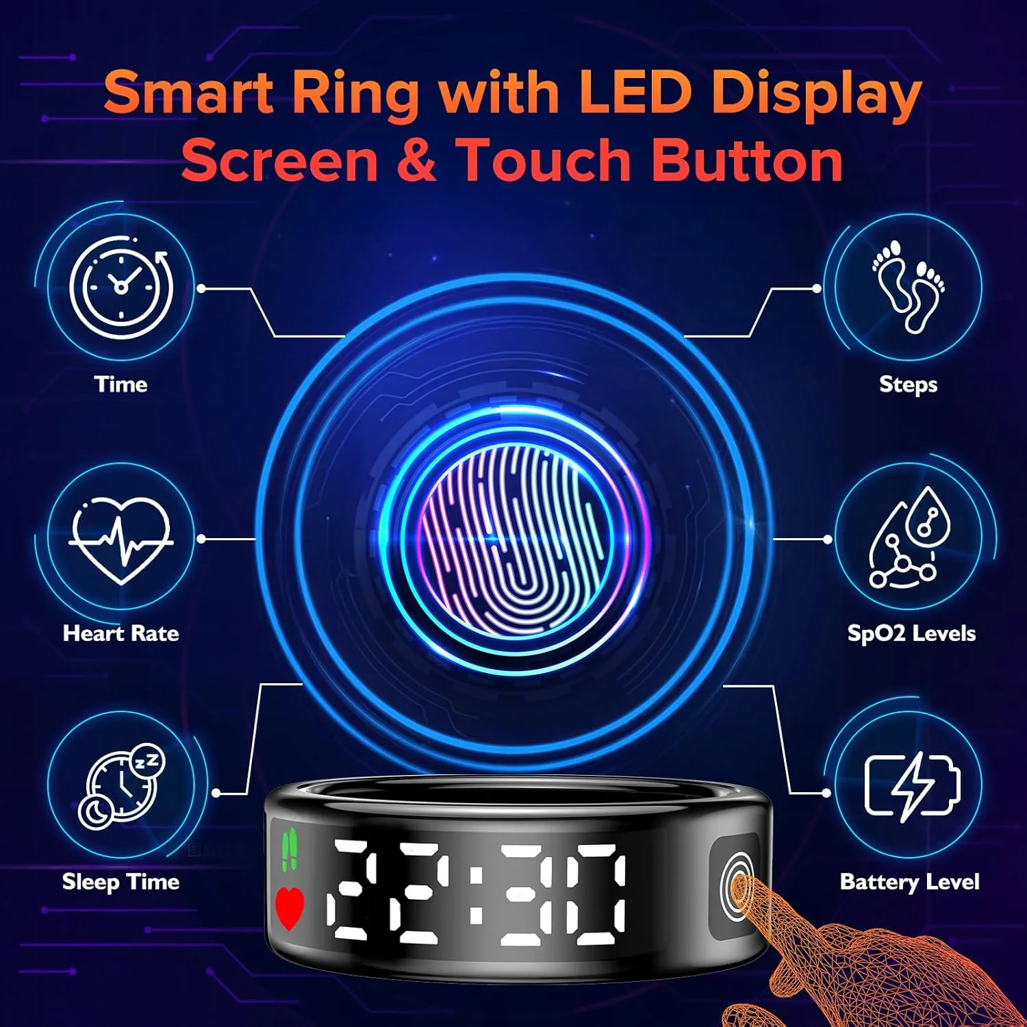 Smart Ring for Women & Men with LED Display & Touch Button, IP68 Waterproof Health Ring, Bluetooth Connection, Tracks Sport Activities/Heart Rate/Blood Oxygen/Sleep/Steps