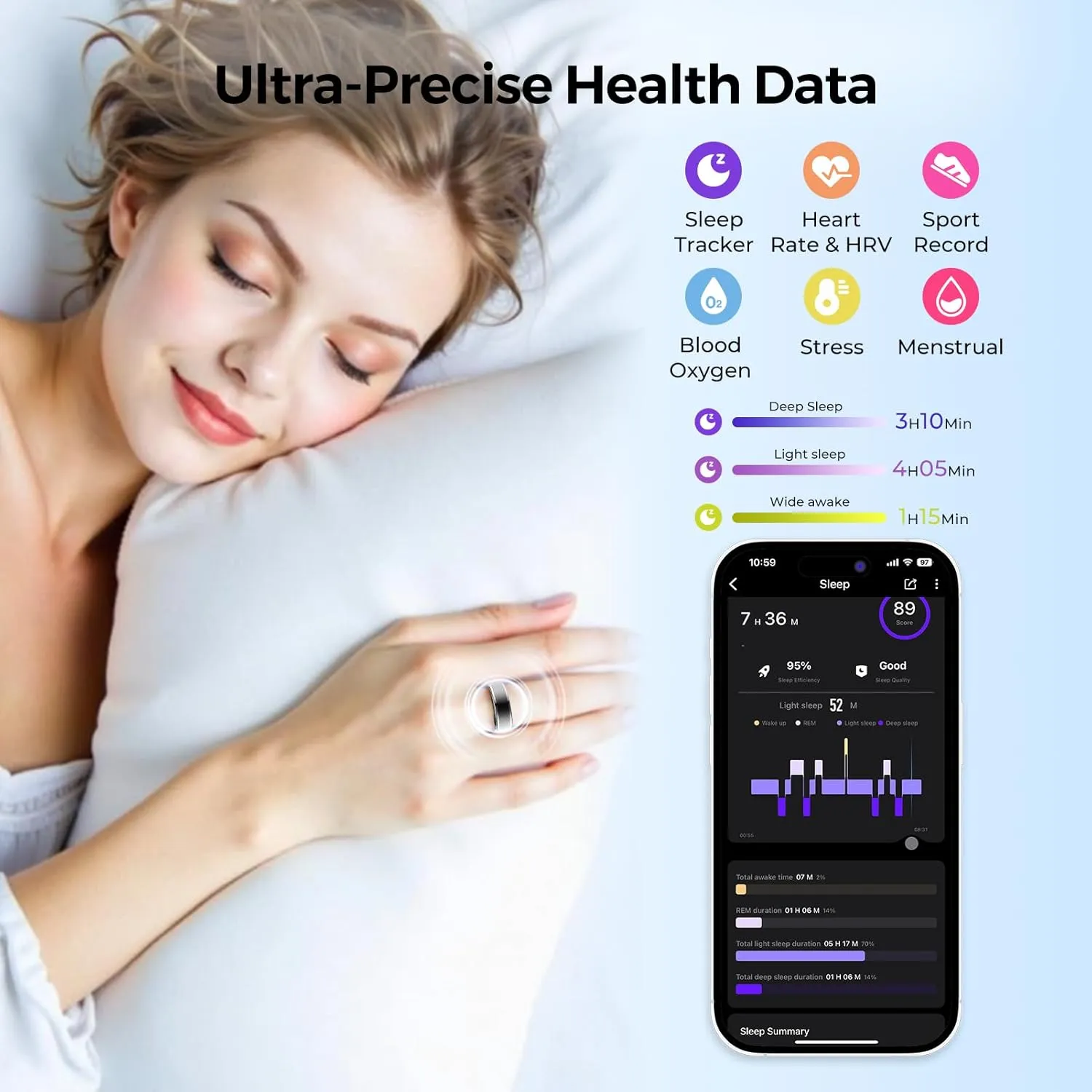 Smart Ring for Women Men - Fitness Tracker with Heart Rate/Blood Oxygen/Stress Monitor/Steps/Sleep Tracking, No App Subscription, 5ATM Waterproof Health Rings