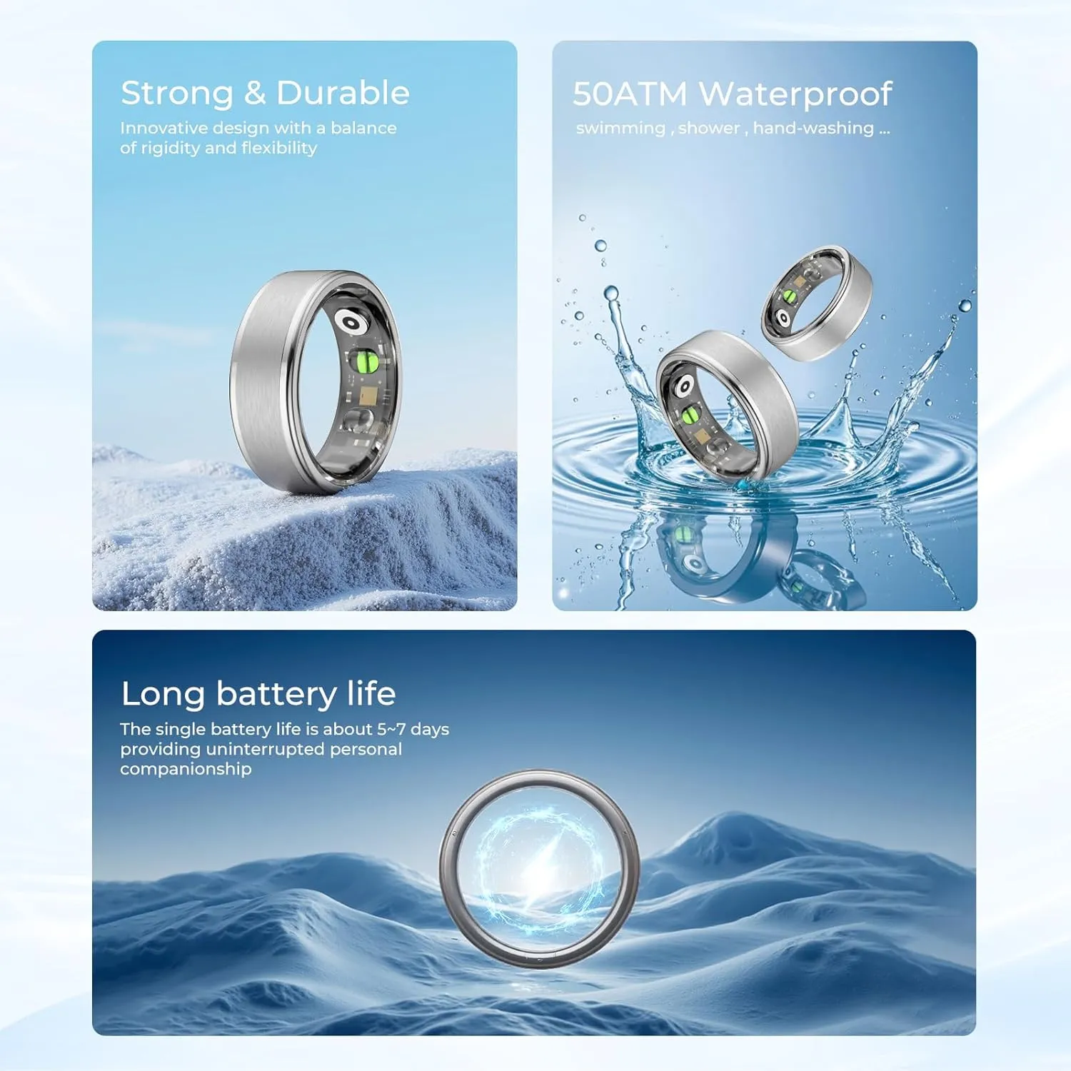 Smart Ring for Women Men - Fitness Tracker with Heart Rate/Blood Oxygen/Stress Monitor/Steps/Sleep Tracking, No App Subscription, 5ATM Waterproof Health Rings