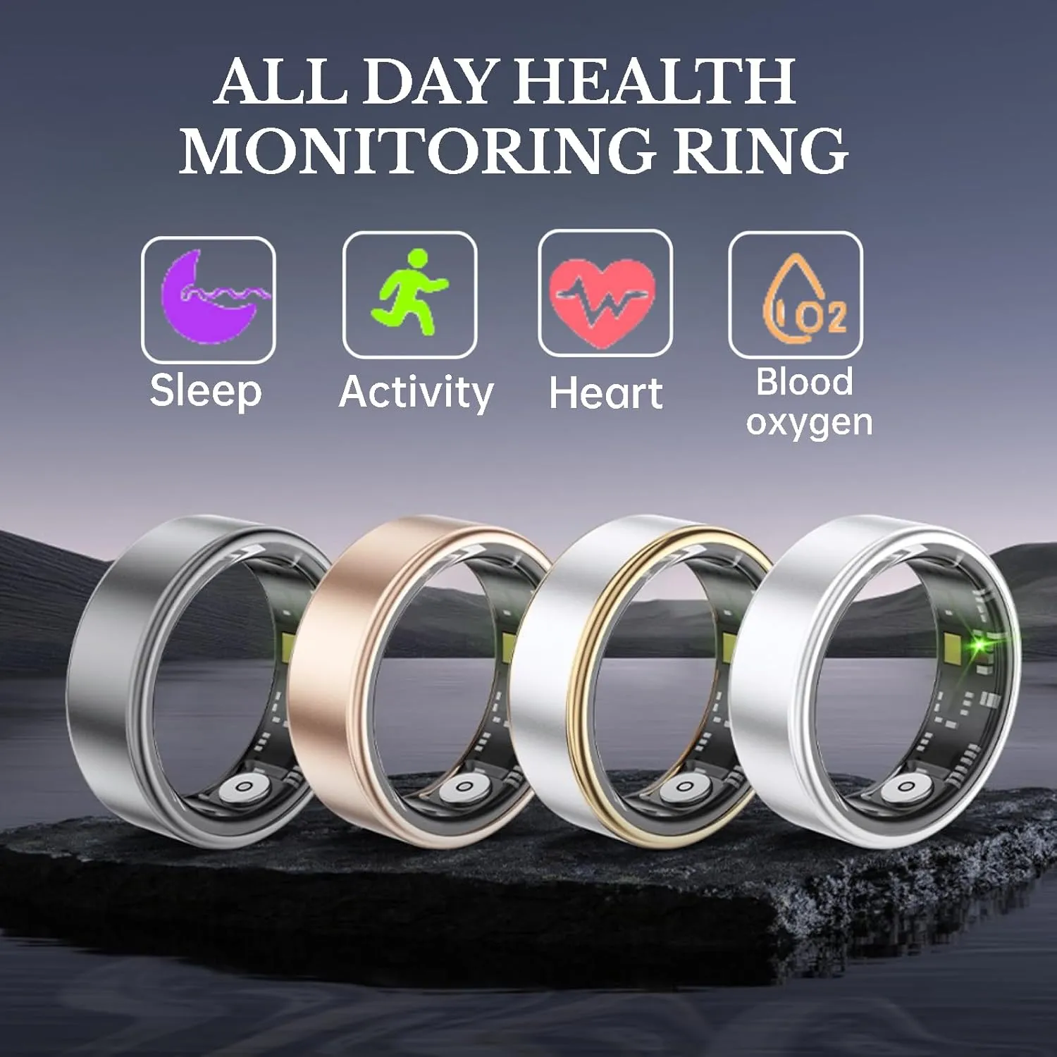 Smart Ring Health Fitness Tracker, Size First with Sizing Kit, Activity & Sleep Tracker/Stress/Heart Rate Monitor, Waterproof Smart Ring for Men/Women, No App Subscription (Golden, 10)