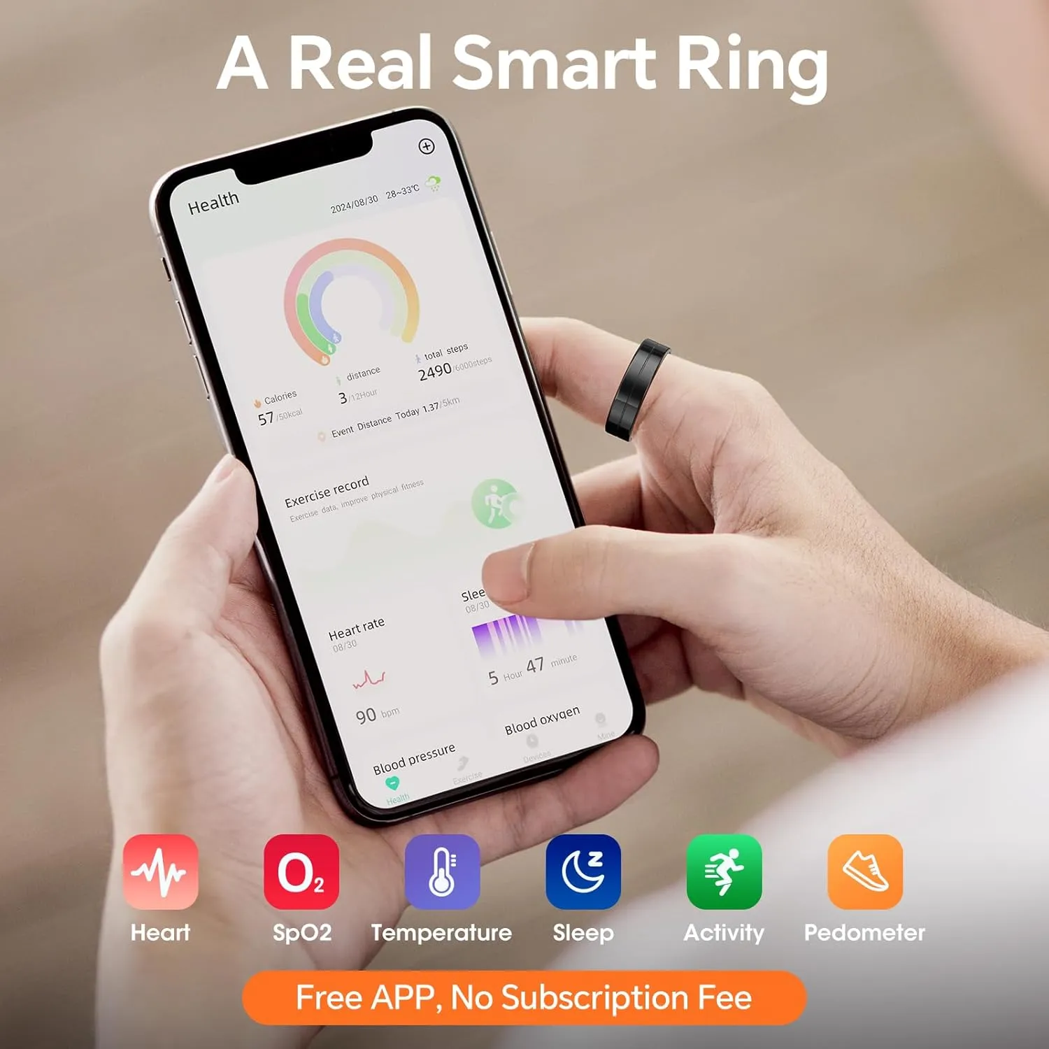 Smart Ring Health Tracker, 24/7 Automatically Tracks Heart Rate, Blood Oxygen, Sleep, Body Temperature, etc. Rings for Men and Women, No Subscription Fee, Android & iOS