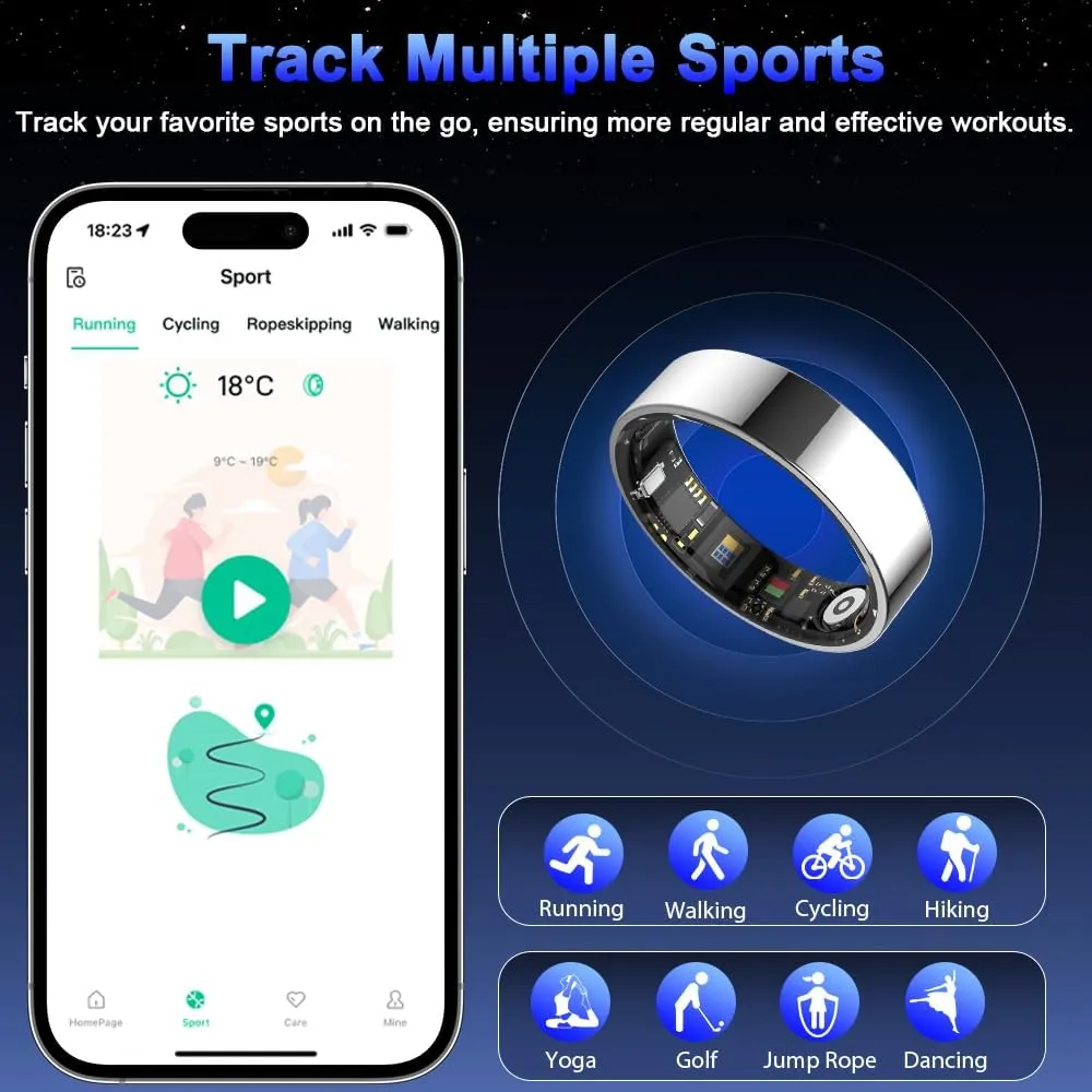 Smart Ring Health Tracker, Bluetooth Connection Health Ring for Women Men, IP68 Waterproof Fitness Ring with Gesture Control, Tracks Heart Rate/Blood Pressure/SpO2/Sleep/Steps/Sports Activities