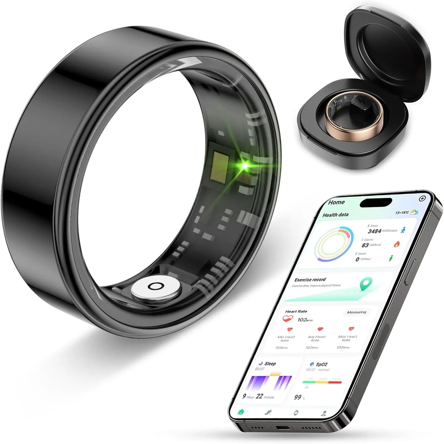 Smart Ring Health Tracker for Men Women with Charging case - IP68 Waterproof Fitness Ring with Sleep Tracker/Heart Rate/Blood Oxygen/Steps/Distance/Calories,Air Gestures,No Subscription