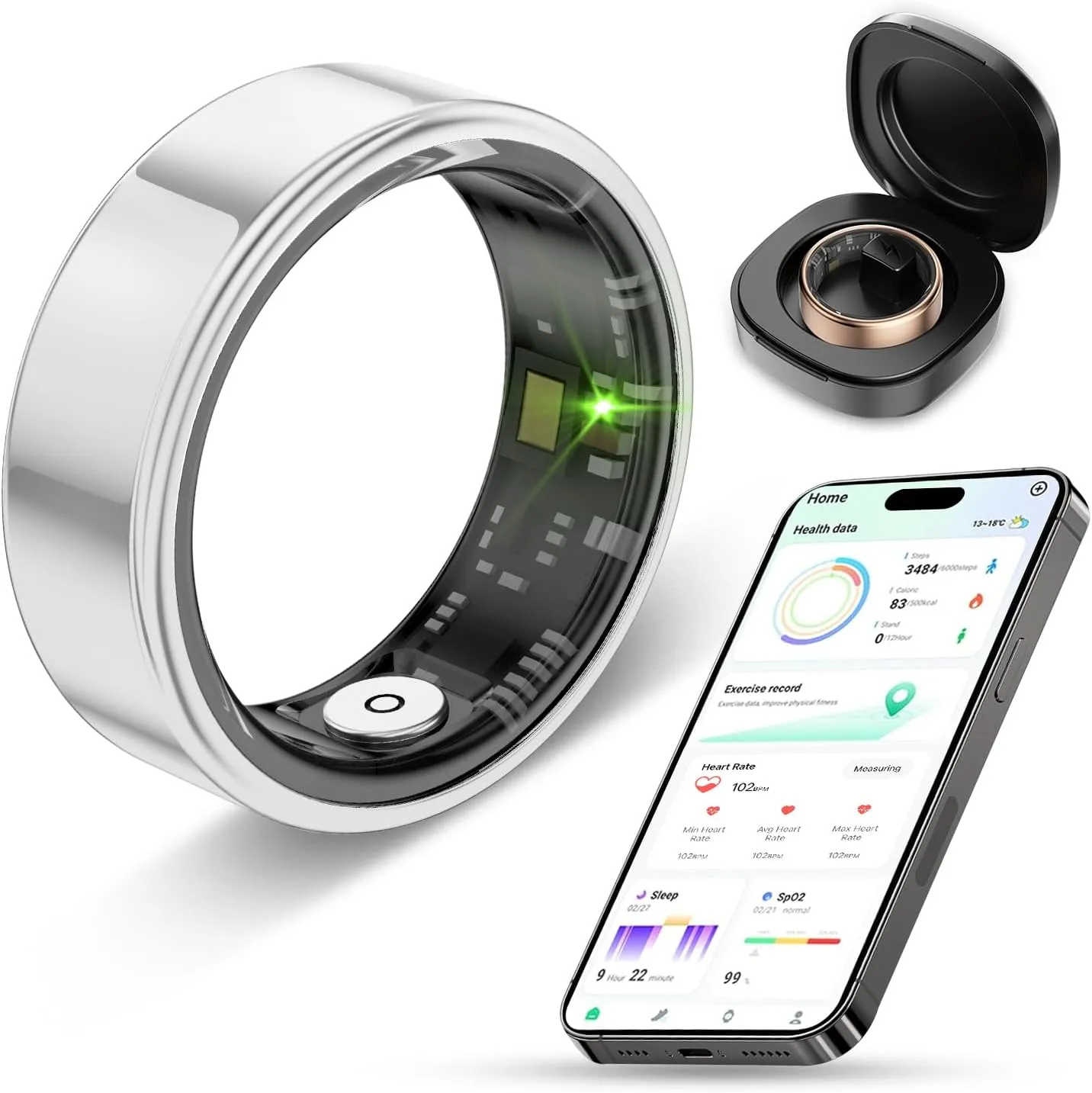 Smart Ring Health Tracker for Men Women with Charging case - IP68 Waterproof Fitness Ring with Sleep Tracker/Heart Rate/Blood Oxygen/Steps/Distance/Calories,Air Gestures,No Subscription