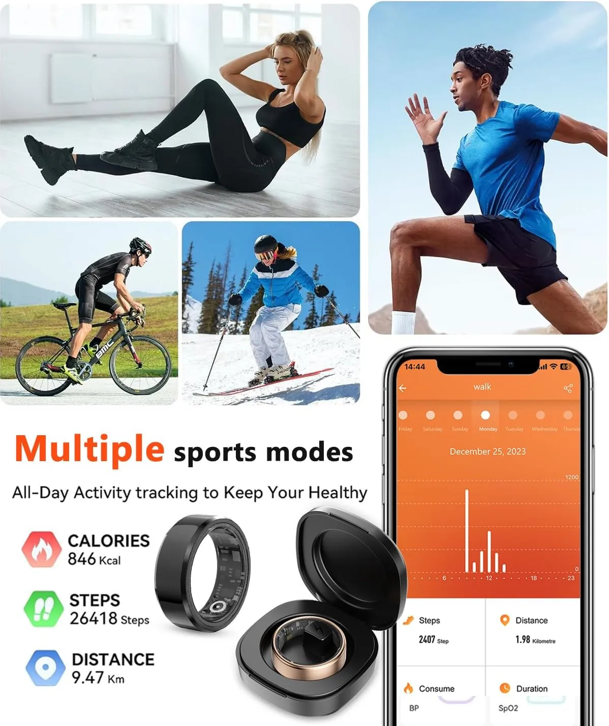 Smart Ring Health Tracker for Men Women with Charging case - IP68 Waterproof Fitness Ring with Sleep Tracker/Heart Rate/Blood Oxygen/Steps/Distance/Calories,Air Gestures,No Subscription