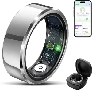 Smart Ring Health Tracker for Men Women with Charging Case, Waterproof Fitness Tracker, Bluetooth Connected Health Ring, Activity Tracker Records Steps Distance Calories, Compatible with Android & iOS